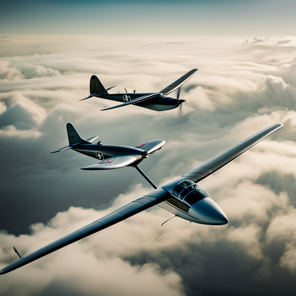 An image showcasing two aircraft soaring through the sky side by side, one effortlessly gliding with no engine, while the other sleekly maneuvering with a motorized propeller, illustrating the contrast between a glider and a sailplane