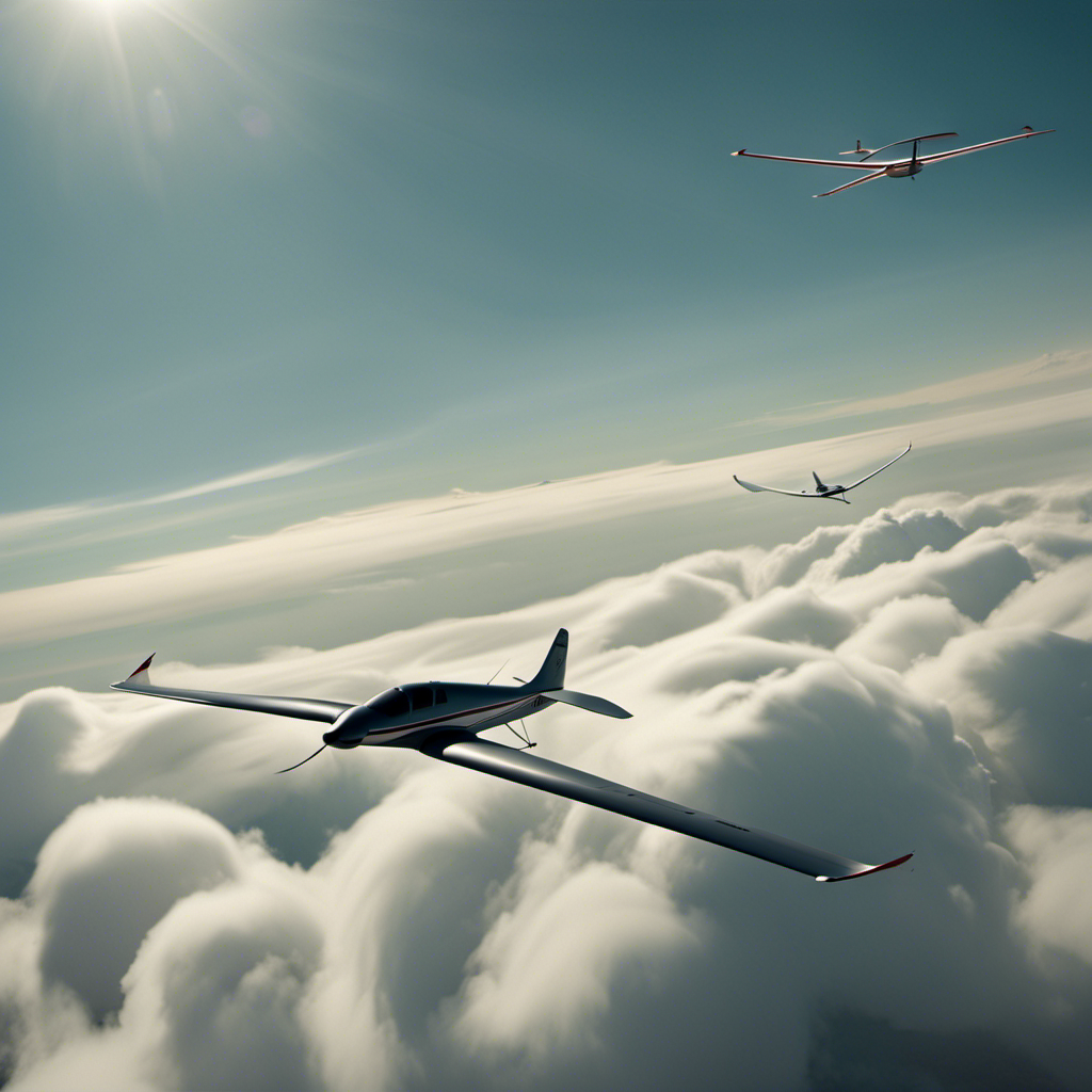 An image that showcases a sleek, slender sailplane soaring effortlessly through the air, with its long, slender wings curved upwards, while a glider appears bulkier, with shorter wings and a more gradual descent