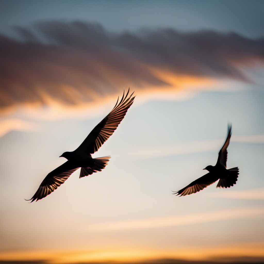 An image of two birds in flight against a sunset sky, one bird gracefully rising with wings angled slightly upward, while the other bird soars with wings fully extended, effortlessly gliding through the air