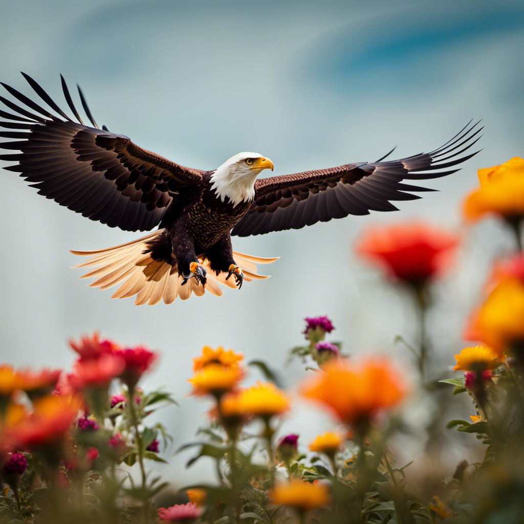 An image showcasing a majestic eagle gliding effortlessly through the vast open sky, contrasting with a hummingbird's rapid wing movements as it hovers mid-air near a vibrant flower