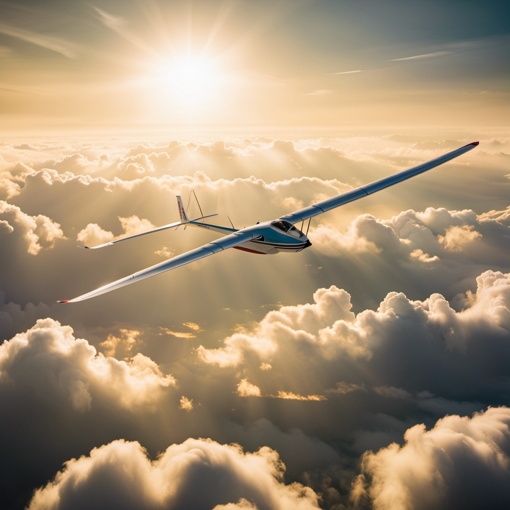 An image capturing the serene beauty of a gliding circuit, showcasing a glider gracefully soaring through the sky, surrounded by vast clouds, while the sun's warm rays illuminate the scene, evoking a sense of tranquility and freedom