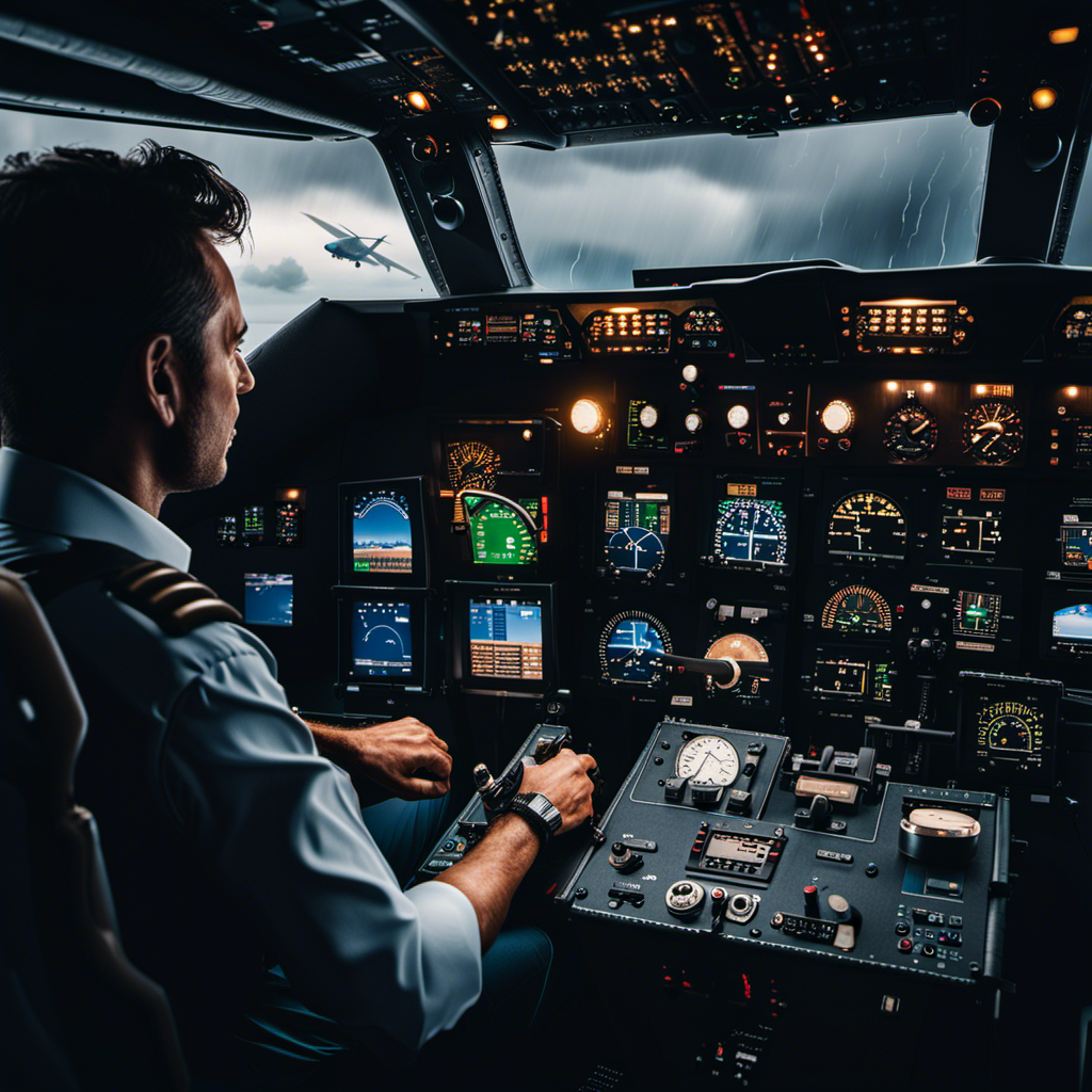 An image showing a pilot sitting in the cockpit amidst stormy clouds, hands gripping the control panel with intensity, sweat dripping down their forehead, capturing the immense pressure and mental strain of navigating through challenging weather conditions