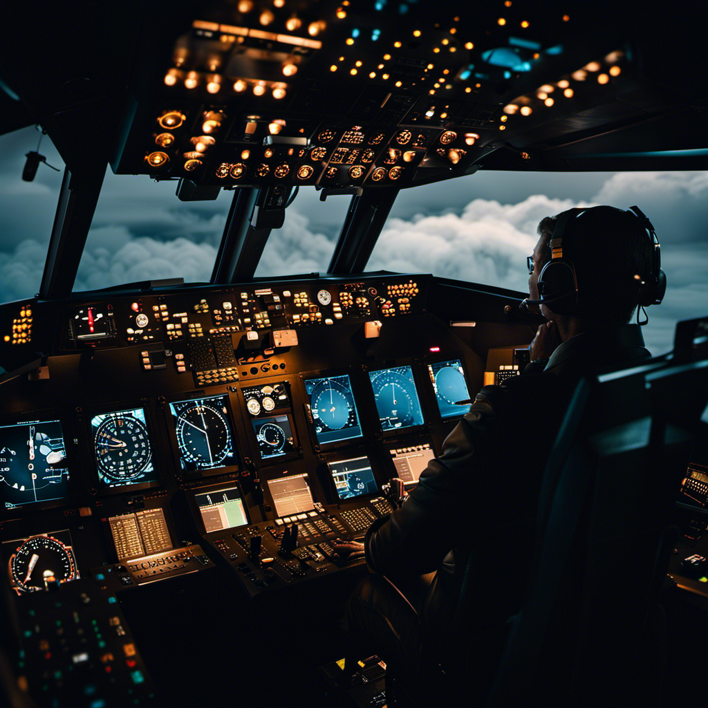 An image showcasing a lone pilot in a dimly lit cockpit, surrounded by a complex array of dials, switches, and screens