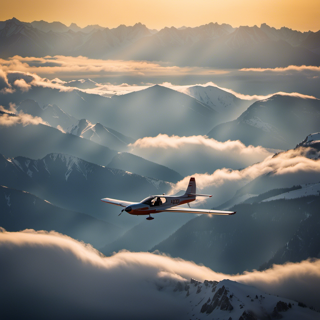 An image showcasing a skilled glider pilot soaring high above snow-capped mountains, gracefully maneuvering through fluffy clouds, as the sun sets behind them, highlighting the vastness of the sky