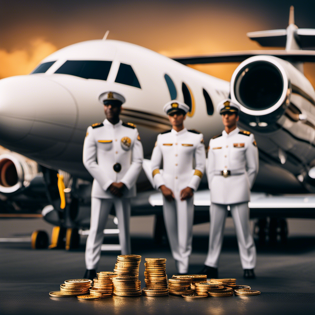 An image showcasing three pilots in their respective uniforms, standing in front of private jets of varying sizes and luxury