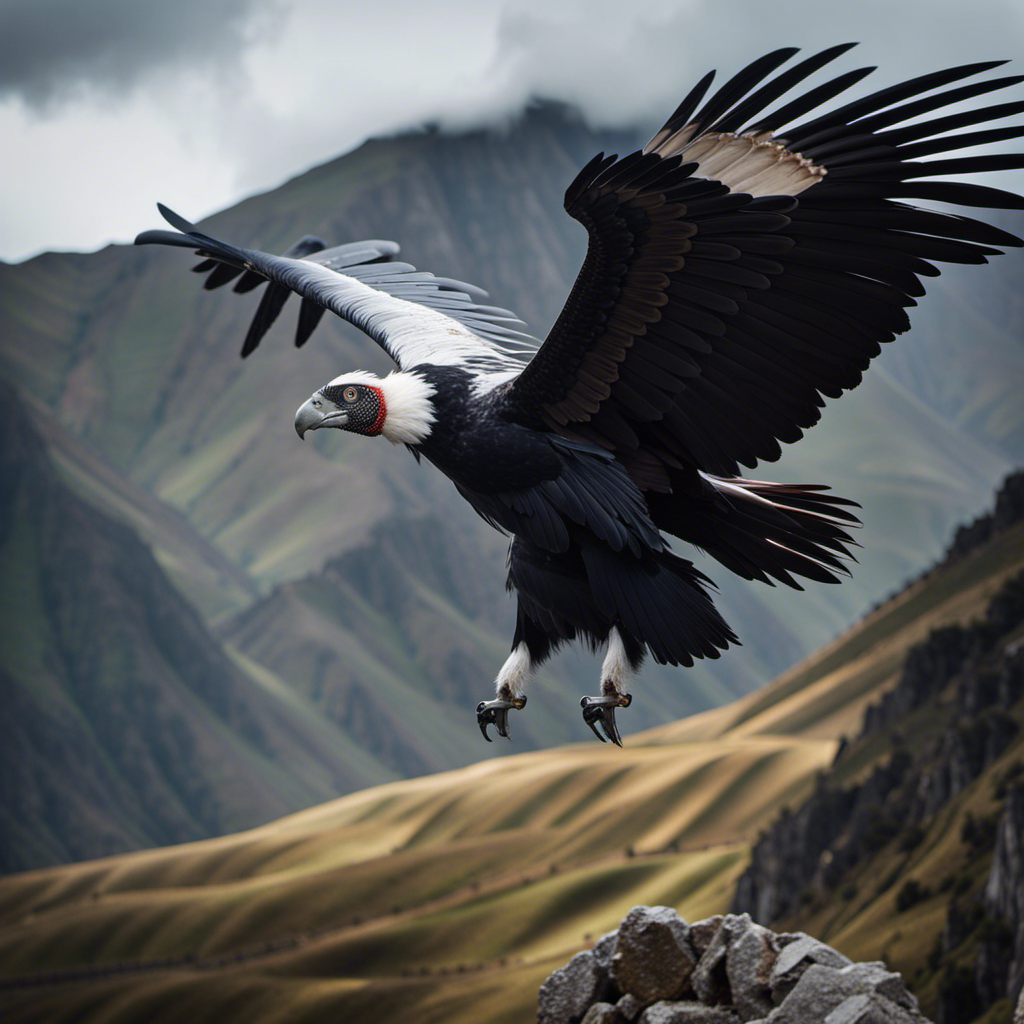 An image capturing the awe-inspiring sight of a majestic Andean condor, with its expansive wingspan gracefully gliding through the clouds, effortlessly reaching the highest altitudes amidst breathtaking mountain landscapes