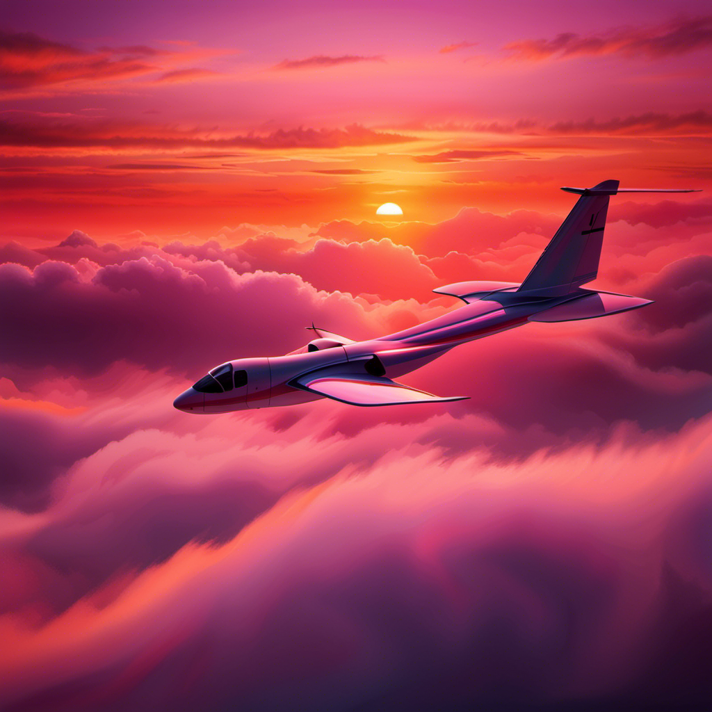 An image showcasing a serene sunset scene, with a glider soaring through vibrant orange and pink hues, gracefully navigating the sky amidst wispy clouds, symbolizing the incredible endurance and record-breaking flight duration of gliders