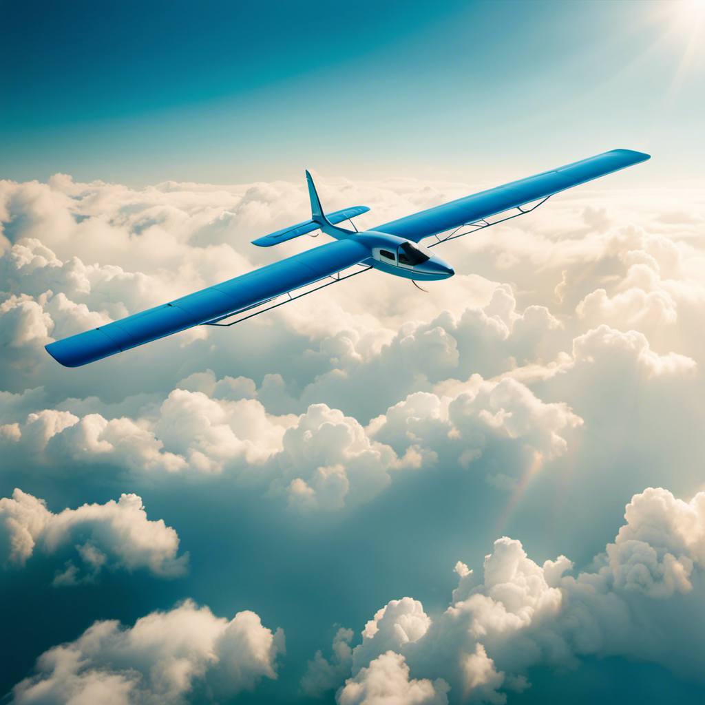 An image capturing the ethereal beauty of a glider soaring effortlessly through a vast cerulean sky, its graceful wings outstretched, against a backdrop of fluffy white clouds and a radiant sun, symbolizing the boundless freedom and endurance of gliding