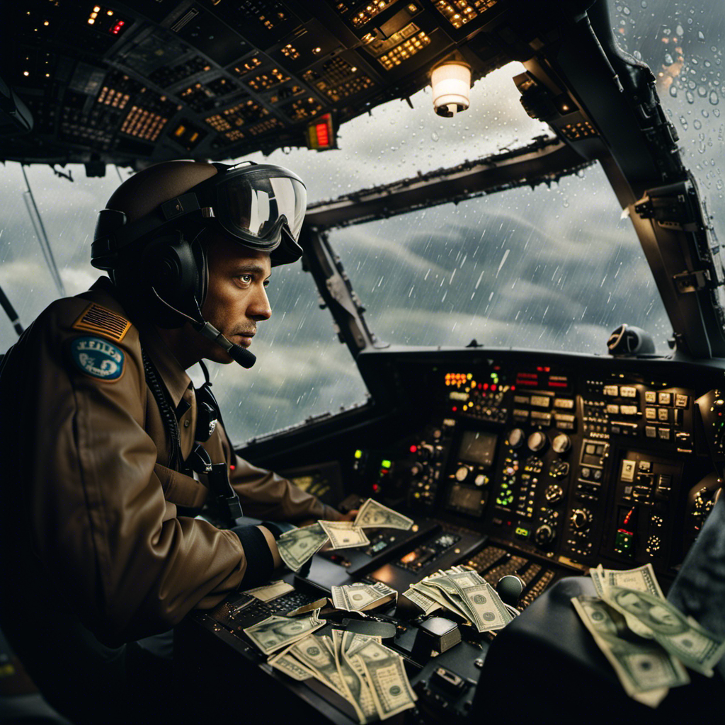 An image showcasing a dimly lit cockpit with worn-out controls, surrounded by a stack of crumpled dollar bills
