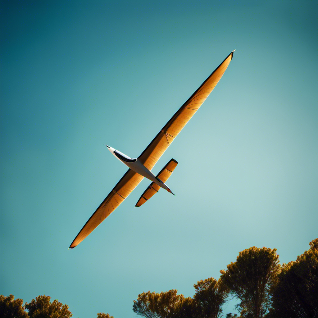 An image featuring a sleek glider soaring gracefully through a clear blue sky, with its wings stretched wide, effortlessly defying gravity