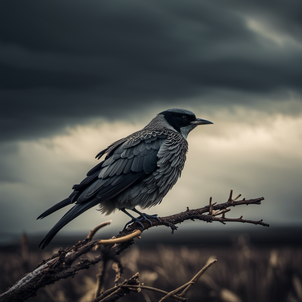 An image featuring a solitary bird, wings drooping, nestled on a barren branch