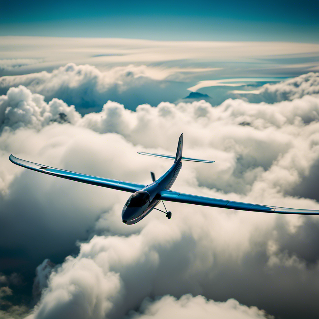 An image that showcases the ethereal beauty of a glider soaring through a vibrant sky, capturing the graceful arc of its wings, the serene backdrop of fluffy clouds, and the sheer thrill of flight