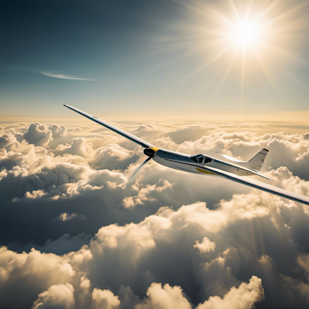 An image showcasing a majestic sailplane soaring gracefully through the sky, navigating amidst fluffy white clouds, as the golden sun casts a radiant glow highlighting the vast duration it remains airborne