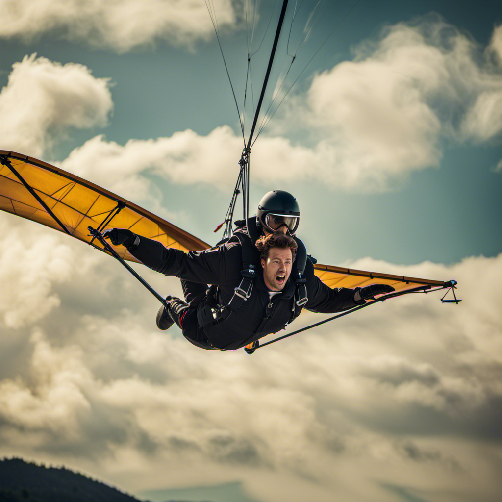 An image showing a 280-pound pilot suspended mid-air on a tiny hang glider, highlighting its compact frame, slender wingspan, and reinforced structure, while conveying a sense of weightlessness and freedom