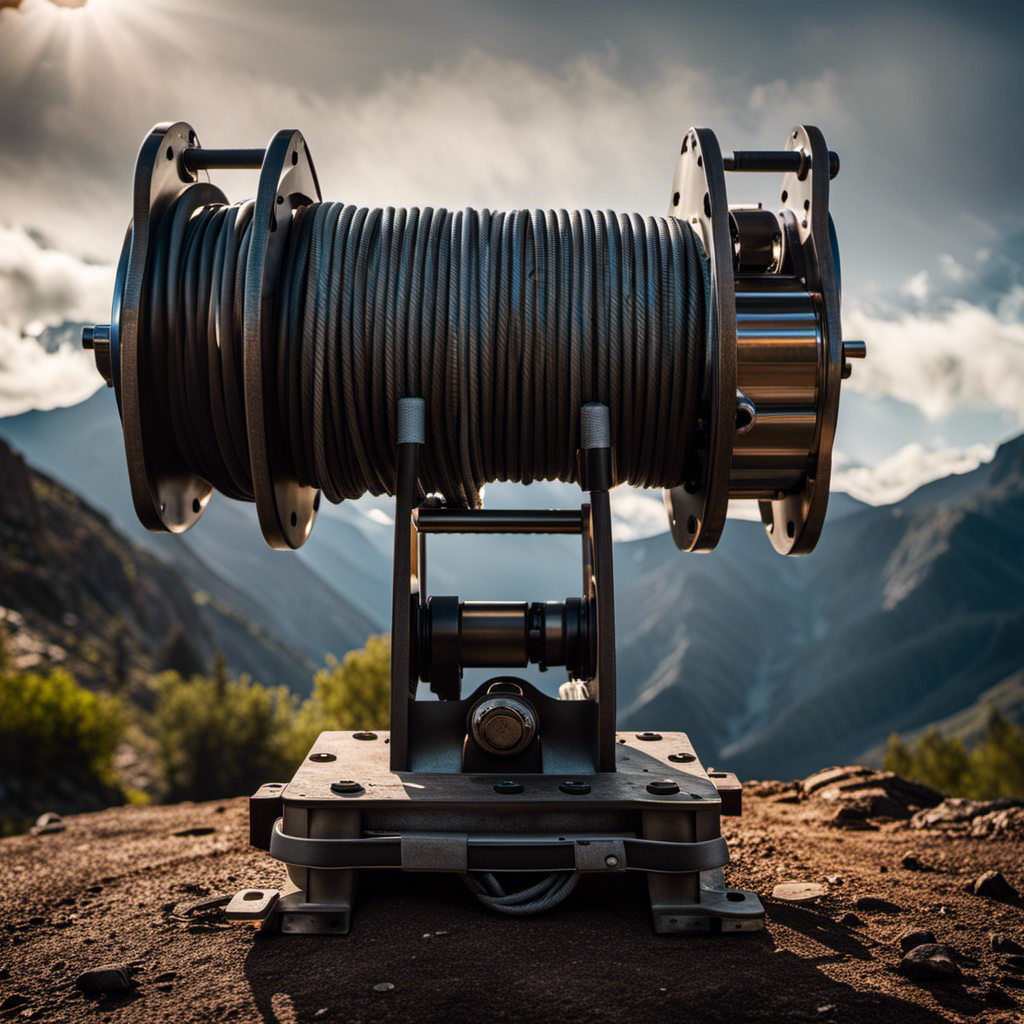 An image showcasing a colossal winch, towering against a backdrop of rugged mountains