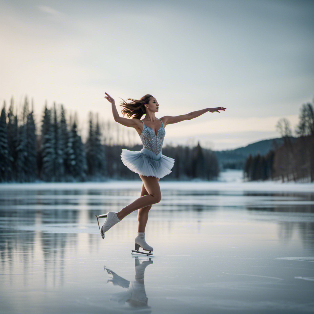 An image showcasing a graceful ice skater effortlessly gliding across a frozen lake, her movements reflecting elegance and fluidity, capturing the essence of the synonym for gliding