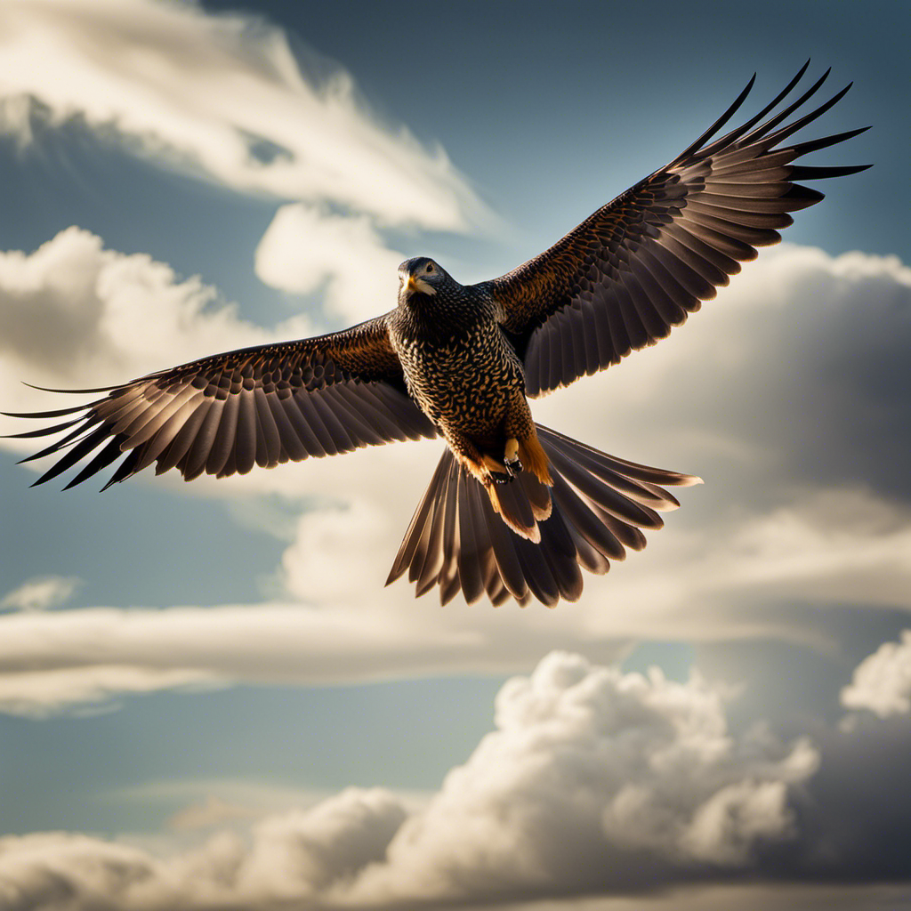 An image capturing the essence of "Soaring" with a single bird, wings outstretched, gracefully gliding through a vast, cloud-streaked sky, evoking a sense of freedom, elevation, and boundless possibilities