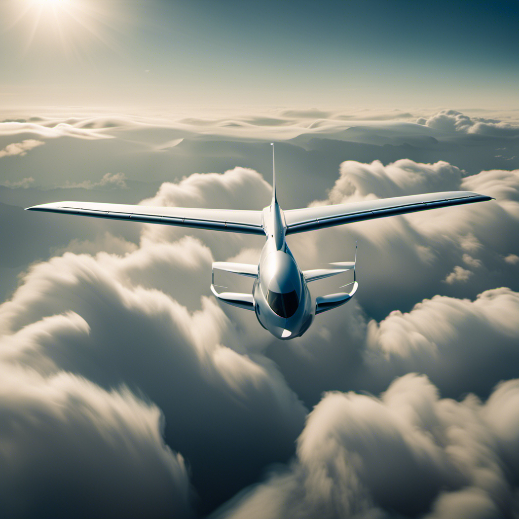 An image showcasing a sleek glider plane soaring gracefully through the clouds, effortlessly cutting through the air with its streamlined wings, evoking a sense of speed and freedom