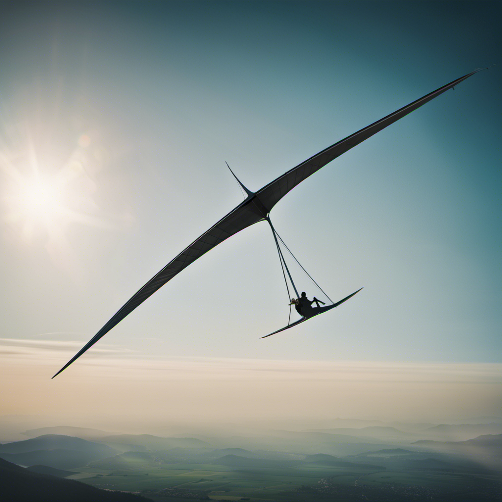 An image showcasing a sleek, elongated hang glider soaring through the sky, its expansive wingspan spanning the frame, revealing the intricate structure and vast wing area that enables long-range flight