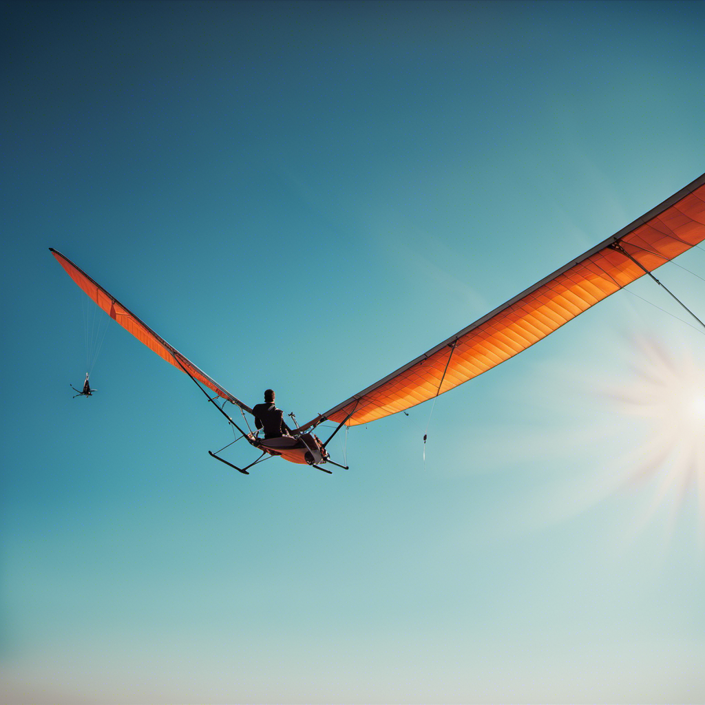 An image showcasing a hang glider in mid-flight, suspended gracefully against a vivid blue sky backdrop