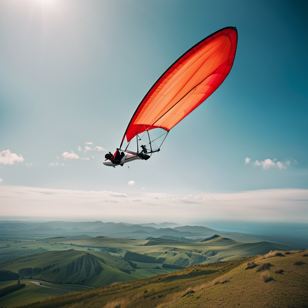 An image capturing the dynamic essence of hang gliding: a vibrant hang glider soaring gracefully amidst a clear blue sky, showcasing its wingspan, aspect ratio, and payload, subtly emphasizing the concept of wing loading