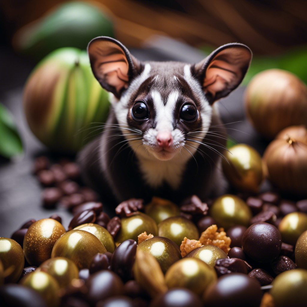 An image showcasing a sugar glider surrounded by harmful substances like chocolate, caffeine, avocado, and onions