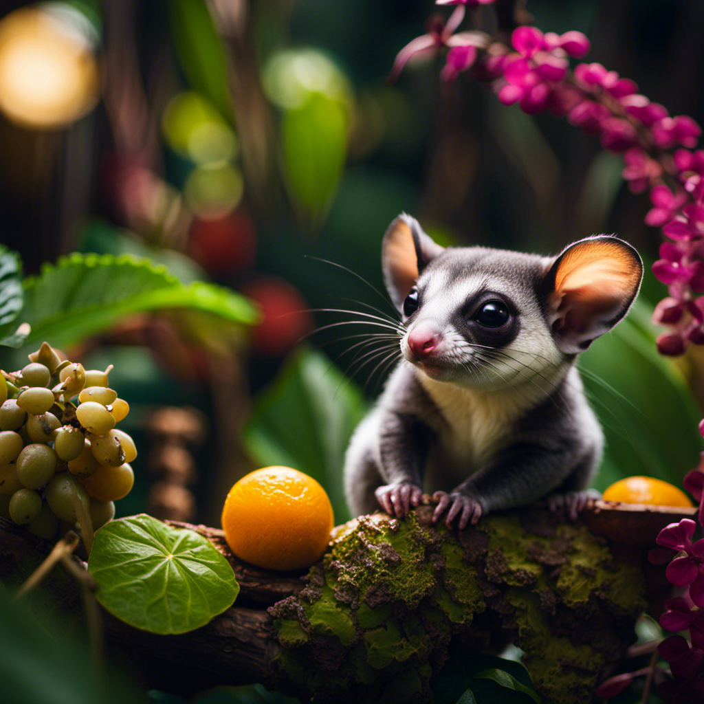 An image showcasing a vibrant sugar glider habitat, with various toxic plants, fruits, and foods crossed out