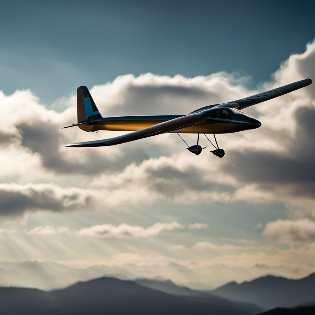 An image showcasing a graceful glider soaring through the sky, its wings effortlessly slicing through the air, while warm sunlight illuminates its sleek silhouette against a backdrop of fluffy clouds and a distant mountain range