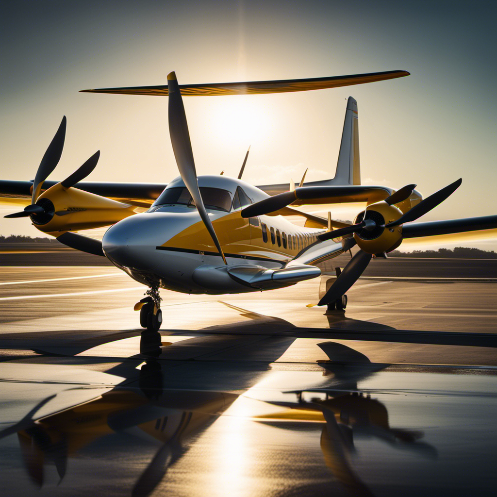 An image: A sunlit airfield with a sleek, twin-engine turboprop airplane, adorned with yellow and white stripes, gently pulling a graceful glider behind it, their silhouettes reflected on the polished tarmac
