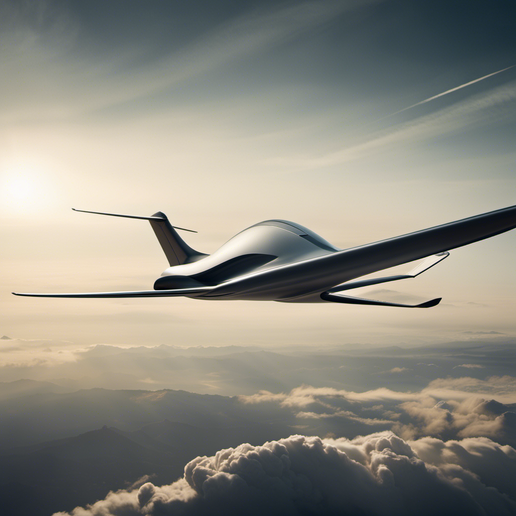 An image capturing the elegance of a sleek, streamlined plane soaring effortlessly through the sky, with long, slender wings gracefully slicing through the air, resembling a glider in its weightlessness
