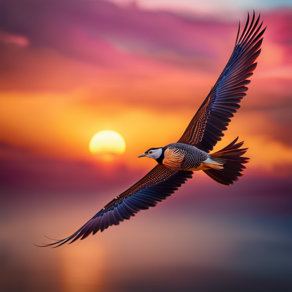 An abstract image capturing the essence of "soaring": A magnificent bird gracefully gliding through a vibrant sunset sky, its outstretched wings casting a golden glow, while below, the world becomes a blur of colors and motion