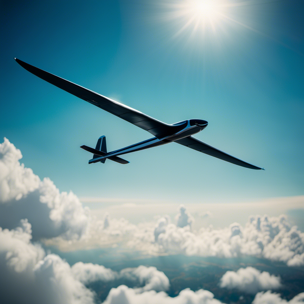 An image showcasing a sleek glider soaring through a brilliant blue sky, gliding effortlessly on invisible thermal currents, with its wings wide open, showcasing their aerodynamic shape and structure