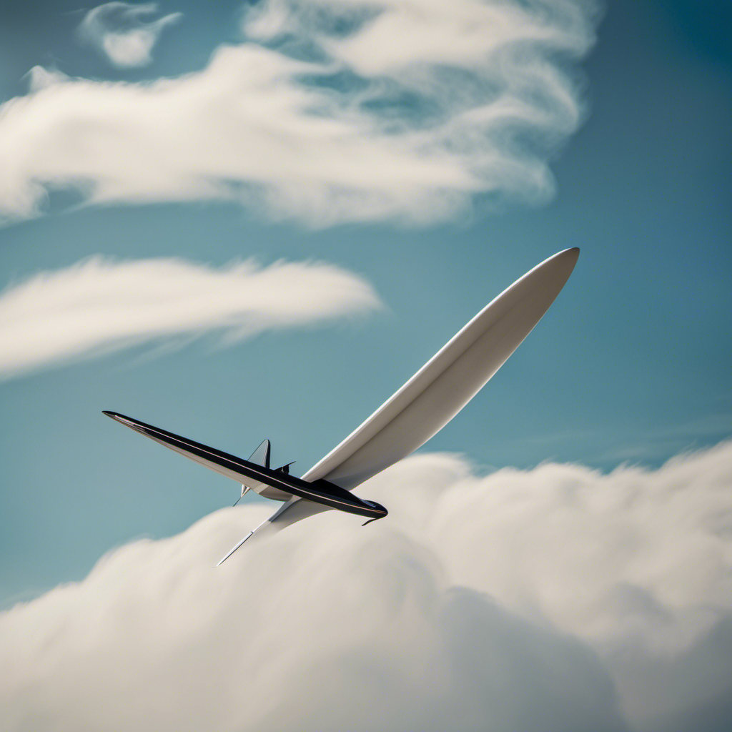 An image of a sleek and aerodynamic glider soaring effortlessly through a cloudless sky, showcasing its streamlined wings, sturdy frame, and expertly angled tail, illustrating the key factors that contribute to its remarkable flight range