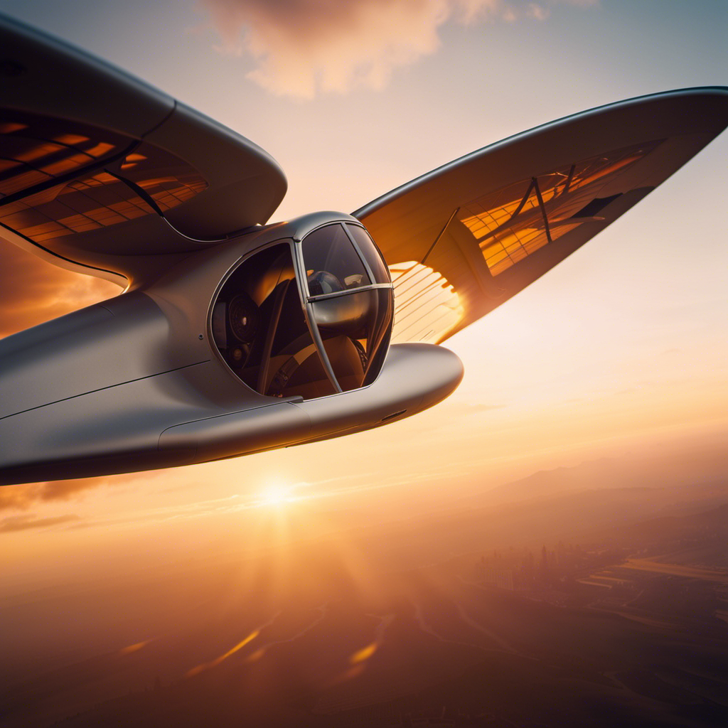 An image capturing the exhilarating moment of a glider soaring gracefully amidst a stunning sunset backdrop, its sleek aerodynamic design highlighted by intricate patterns of light and shadow, while conveying a sense of speed through the blurred background