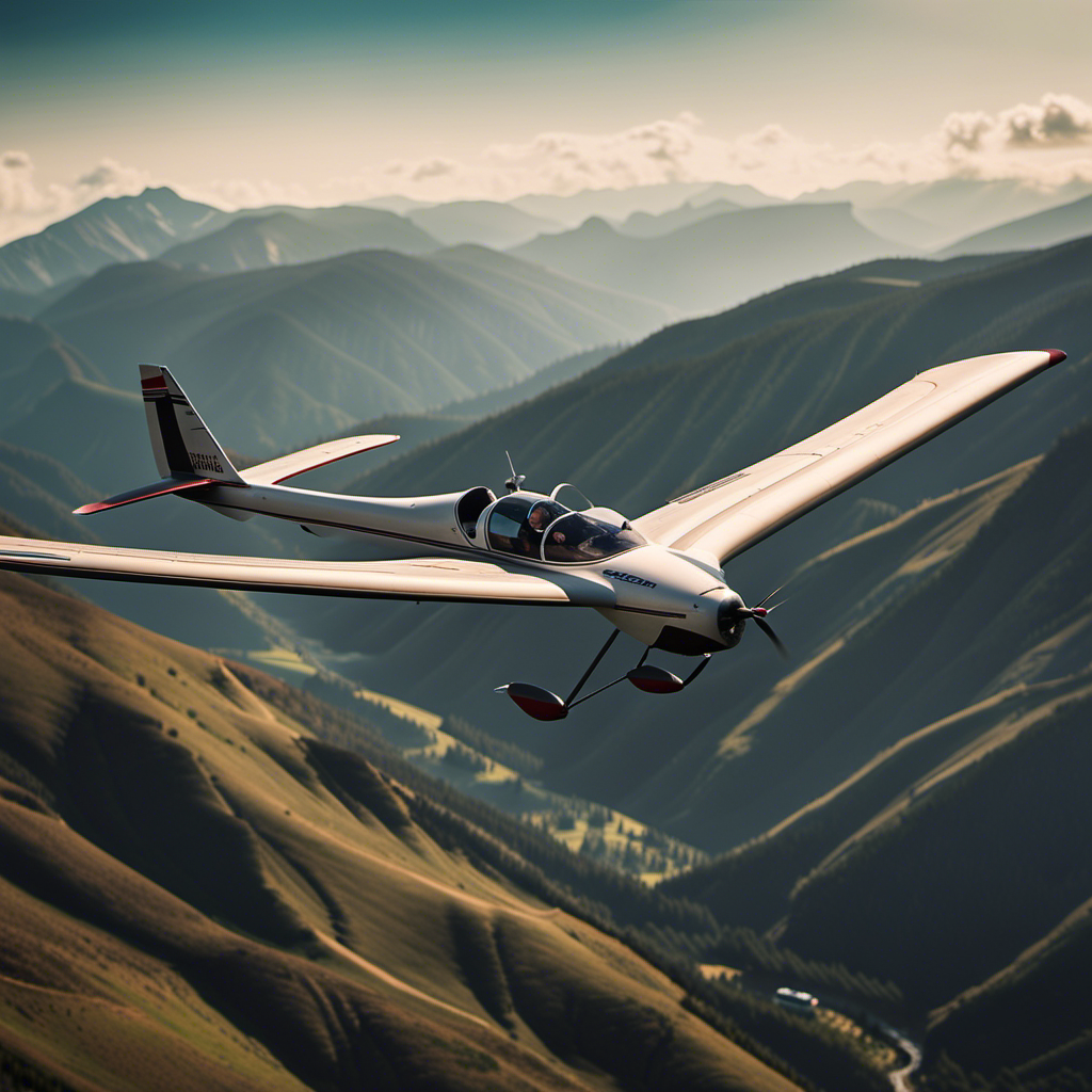 An image showcasing a skilled glider pilot effortlessly maneuvering through a breathtaking mountainous landscape, perfectly aligning with warm air currents, displaying precise control over the glider's wings and body position