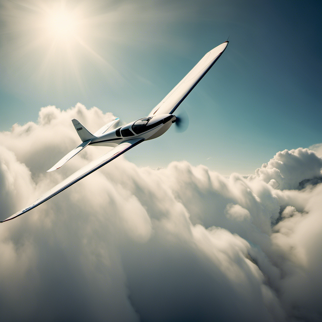 An image showcasing a sleek, high-performance powered sailplane soaring gracefully through a cloud-dappled sky, with its wingspan spanning the frame, capturing the essence of the thrill and freedom that make it a favorite among enthusiasts