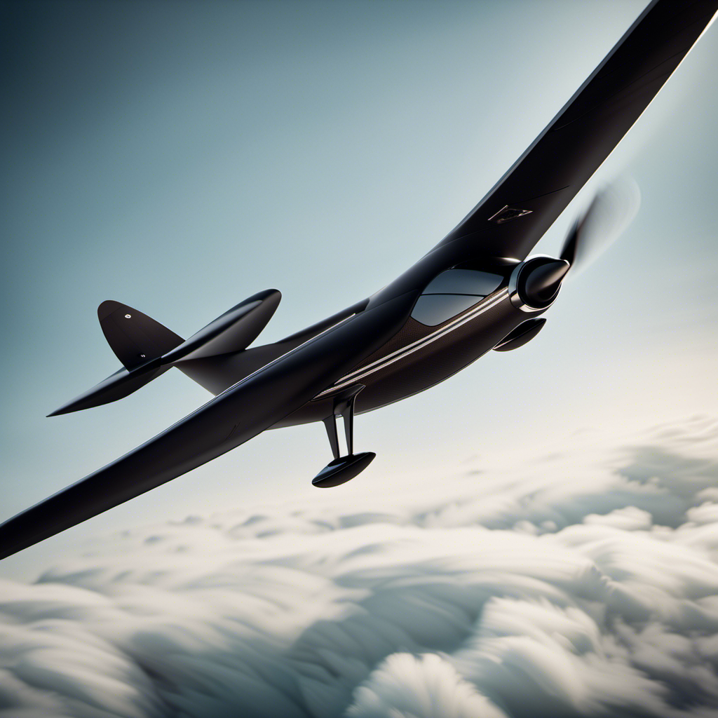An image featuring a sleek, lightweight glider plane soaring through the sky, showcasing its construction of strong, yet light, materials such as carbon fiber, aluminum, and composite blends