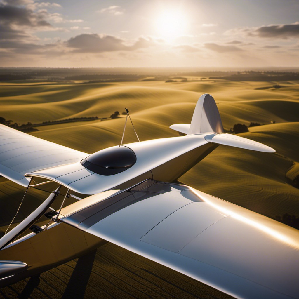 An image showcasing a sailplane with camber wings, elegantly covered by a sleek, iridescent fabric that shimmers in the sunlight
