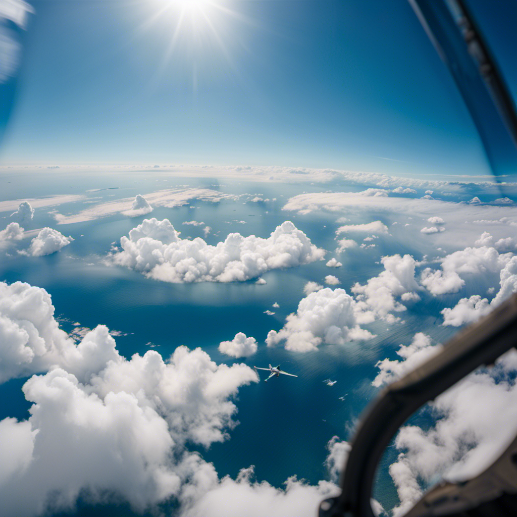 An image depicting a panoramic view from a glider cockpit, showcasing a serene blue sky dotted with fluffy white clouds, while the glider soars gracefully amidst the vast expanse, evoking a sense of freedom, adventure, and the thrill of glider training