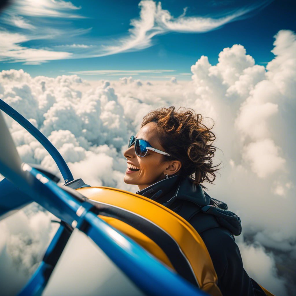 the exhilarating anticipation of your first glider ride with a serene image showcasing a vibrant blue sky, a sleek glider soaring gracefully amidst fluffy white clouds, and a thrilled passenger wearing a wide smile