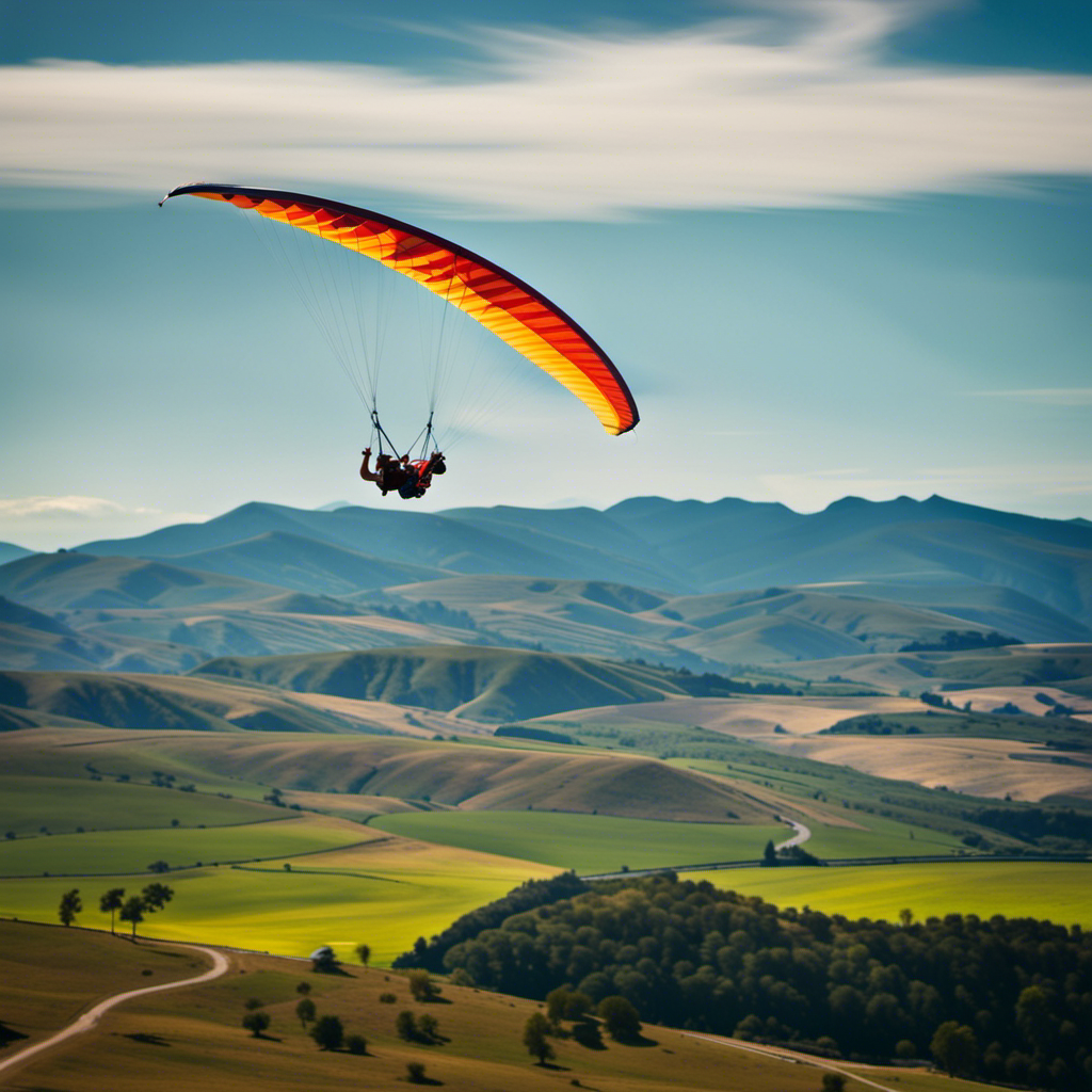 An image capturing the exhilarating moment of a first hang glider ride: a fearless rider soaring through the vast blue sky, their body gracefully suspended beneath the colorful glider, wind tousling their hair, while the breathtaking landscape unfolds below