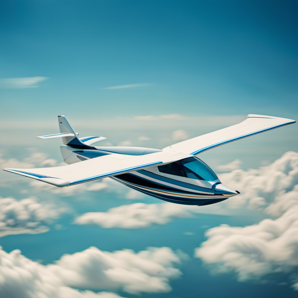 An image showcasing a sleek, modern 2-seater glider suspended mid-air against a vivid blue sky backdrop, highlighting its elegant aerodynamic curves, comfortable seats with plush cushions, and sturdy construction