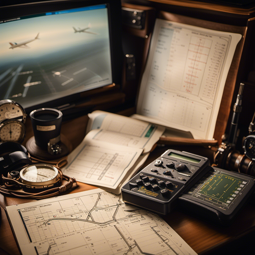 An image showcasing a glider pilot's study essentials: an open glider manual displaying diagrams, equations, and flight maneuvers, surrounded by aviation charts, a navigation plotter, a logbook, and a flight computer