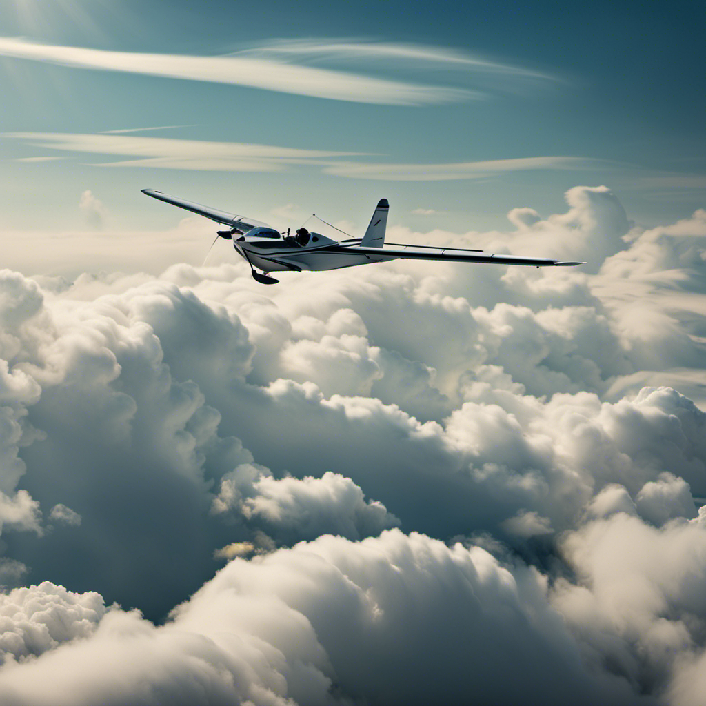 An image showcasing a serene sky backdrop with a glider soaring gracefully amidst fluffy white clouds