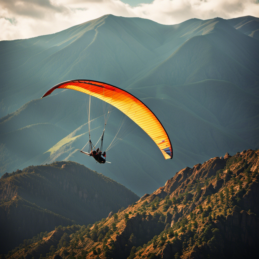 An image showcasing a serene scene of a hang glider, gracefully soaring above mountain peaks