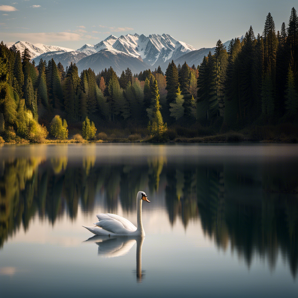 An image capturing the essence of "gliding" with a serene lake nestled between towering mountains, where a graceful swan effortlessly skims the water's surface, its reflection mirroring the peacefulness of its surroundings