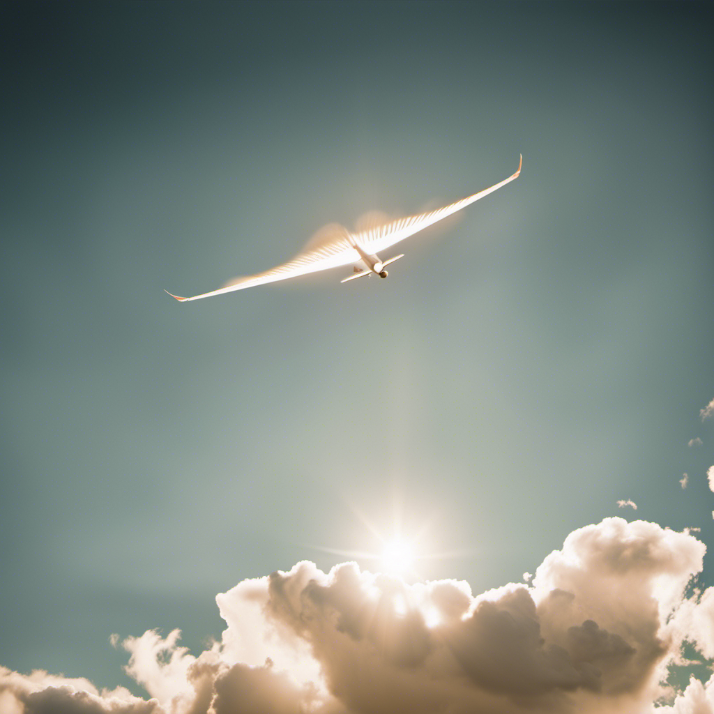 An image showcasing a serene sky with gentle wisps of clouds, a radiant sun casting a warm golden glow, and a glider soaring gracefully amidst a light breeze, capturing the perfect weather for gliding