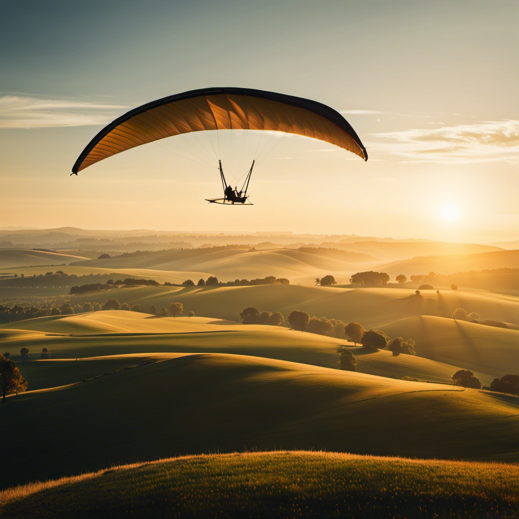 An image showcasing a serene landscape with a hang glider gracefully soaring above rolling hills, bathed in golden sunlight