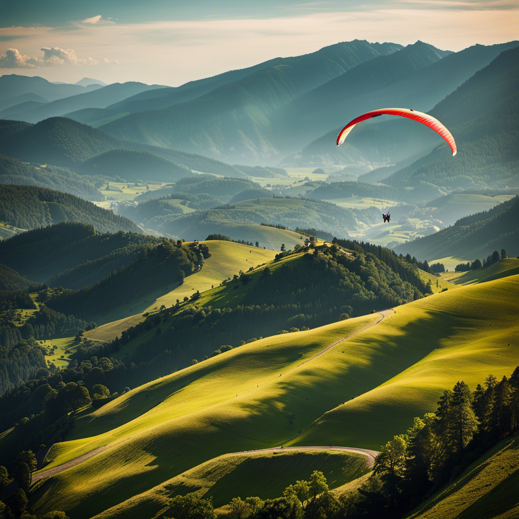 An image featuring a bird's-eye view of a serene mountainous landscape, with a paraglider soaring gently through the air, contrasting against a hang glider maneuvering through the same picturesque scene