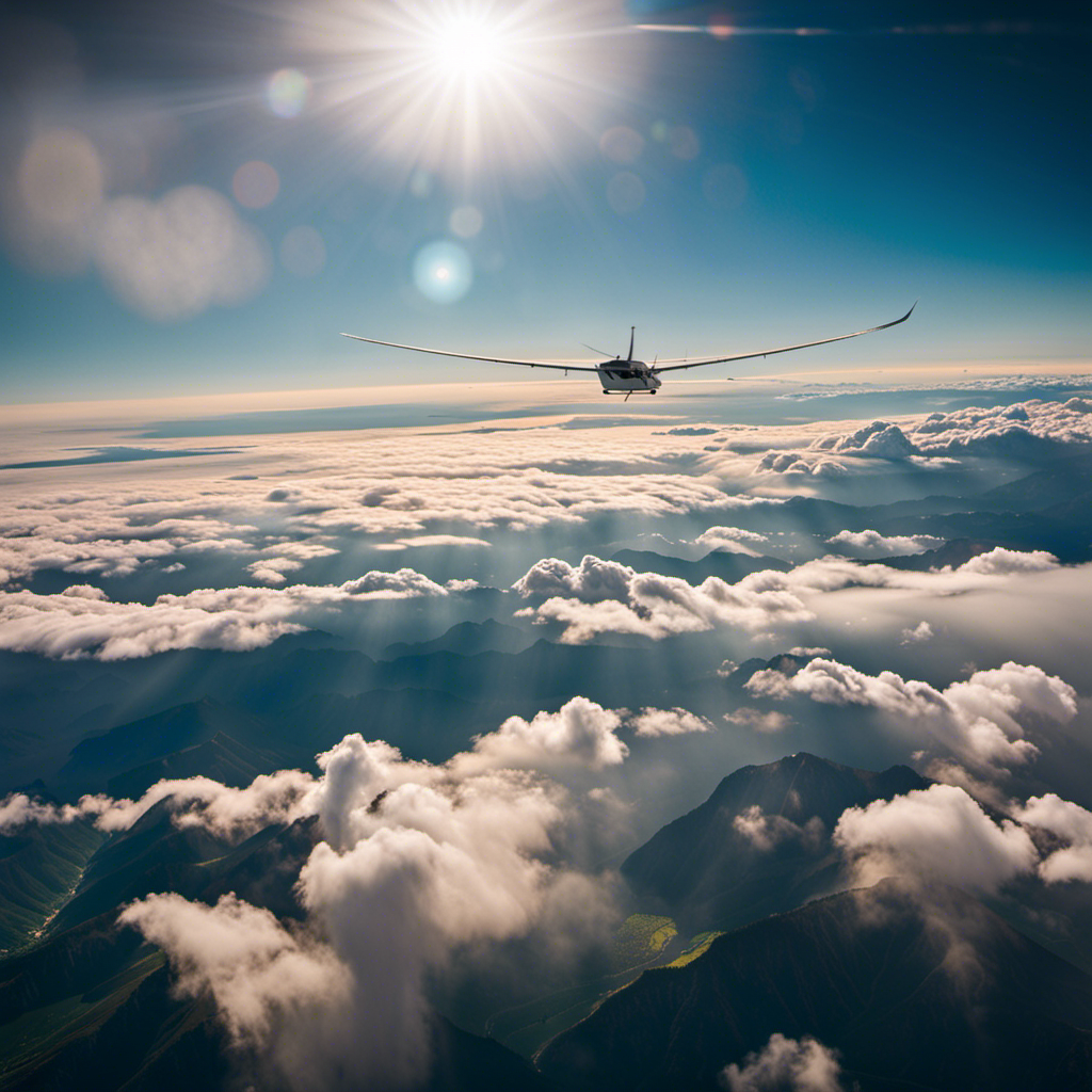 An image showcasing a breathtaking aerial view from a glider's perspective, capturing the glimmering sun-kissed clouds at an astonishing altitude, as the glider soars above vast mountain ranges and stretches of endless blue skies